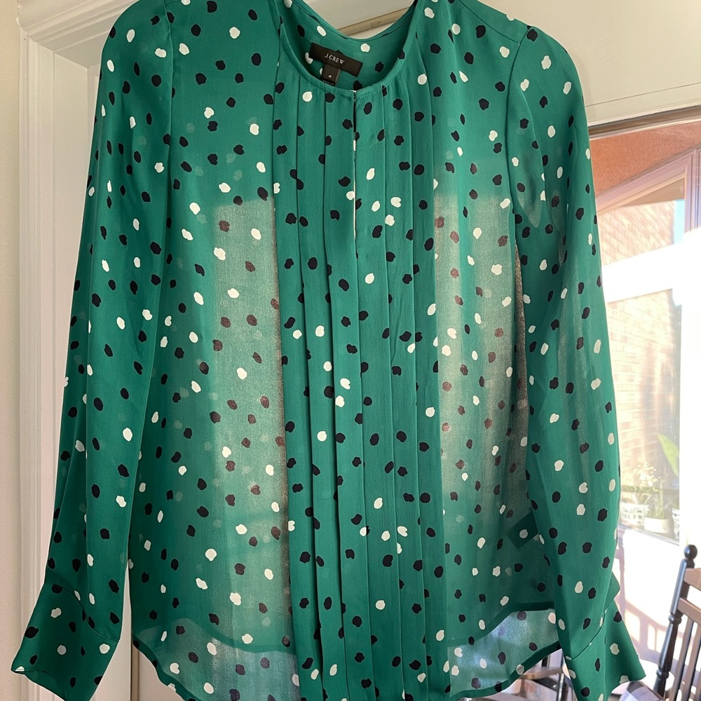 Green J. Crew Polka Dot Silk Top